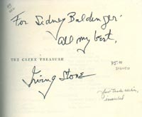 Signed Irving Stone page from Title page of book "The Greek Treasure"; obtained by purchase.